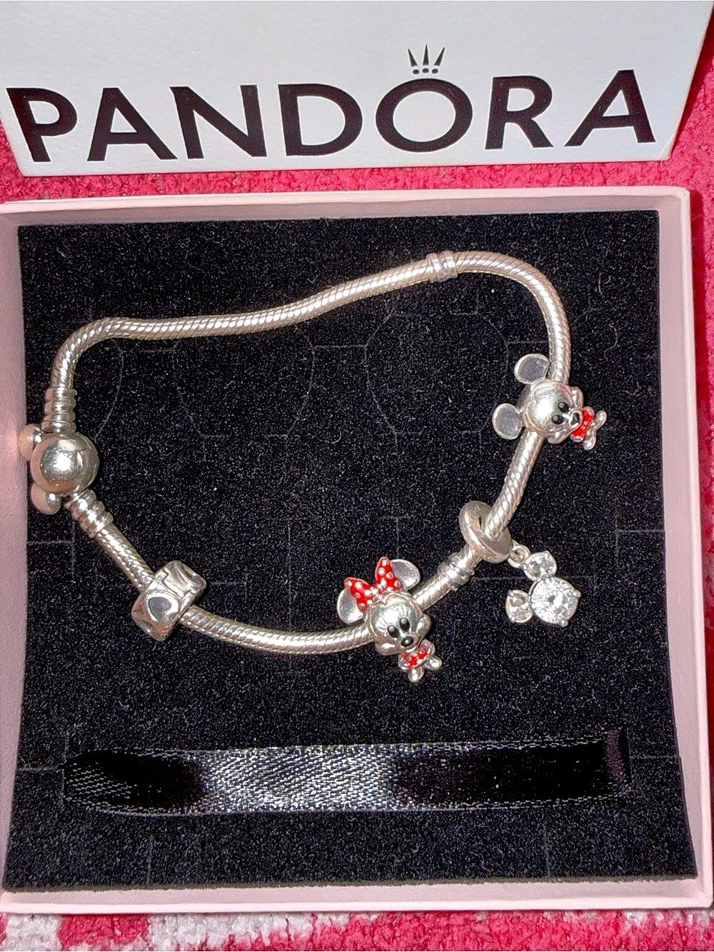 PANDORA Disney Mickey and Minnie Mouse Charm Bracelet Silver & Red